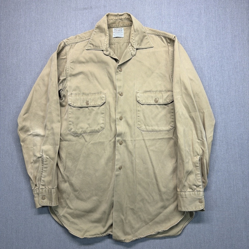 Vintage Sears Roughshod Twill Matched Sets Khaki Men's Large Button Work Shirt